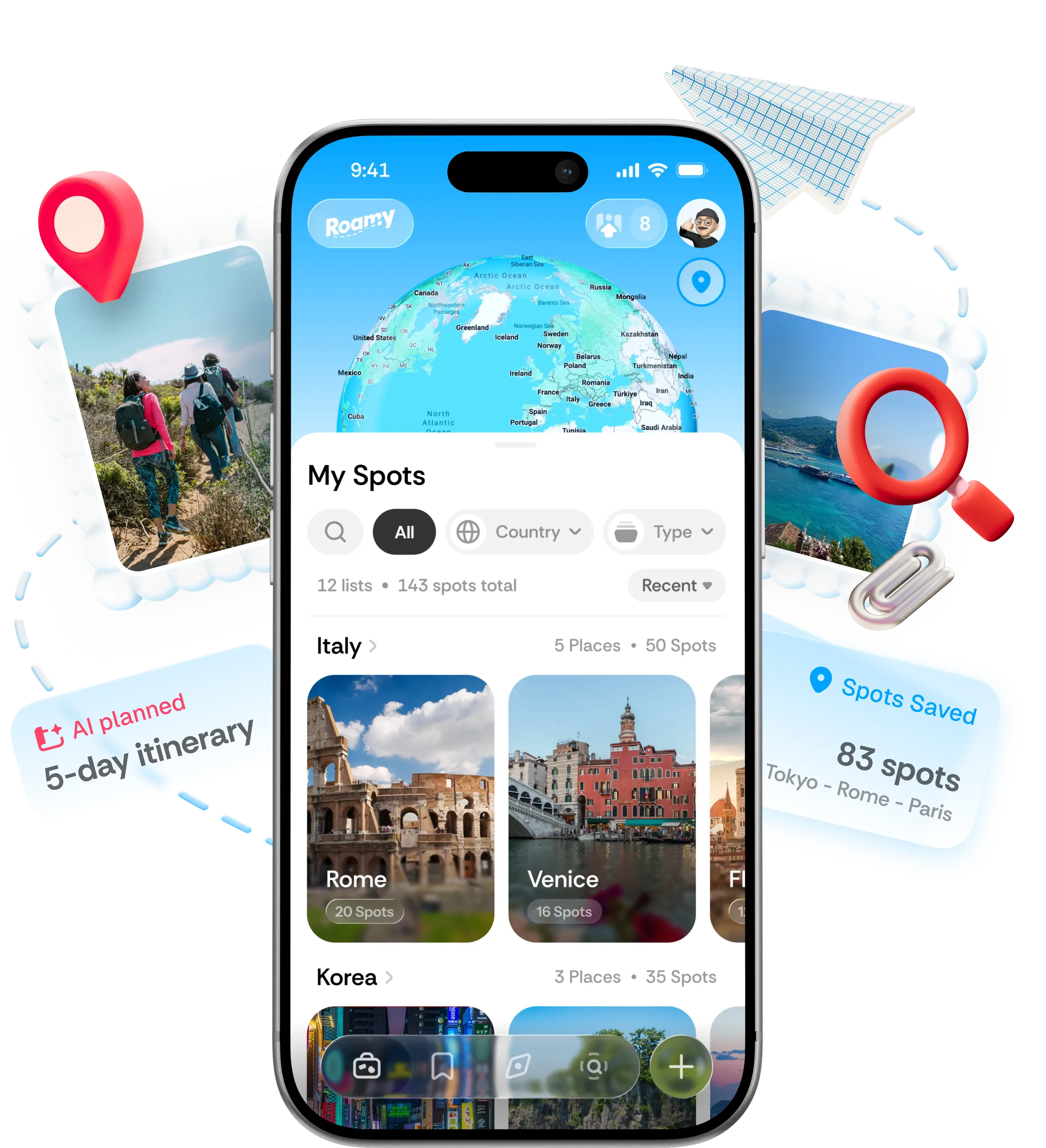 Roamy app - My Spots screen